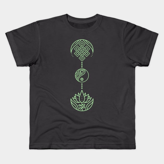 Spiritual Symbols - Yin Yang - Unalome - Lotus - Green Kids T-Shirt by HalfPastStarlight